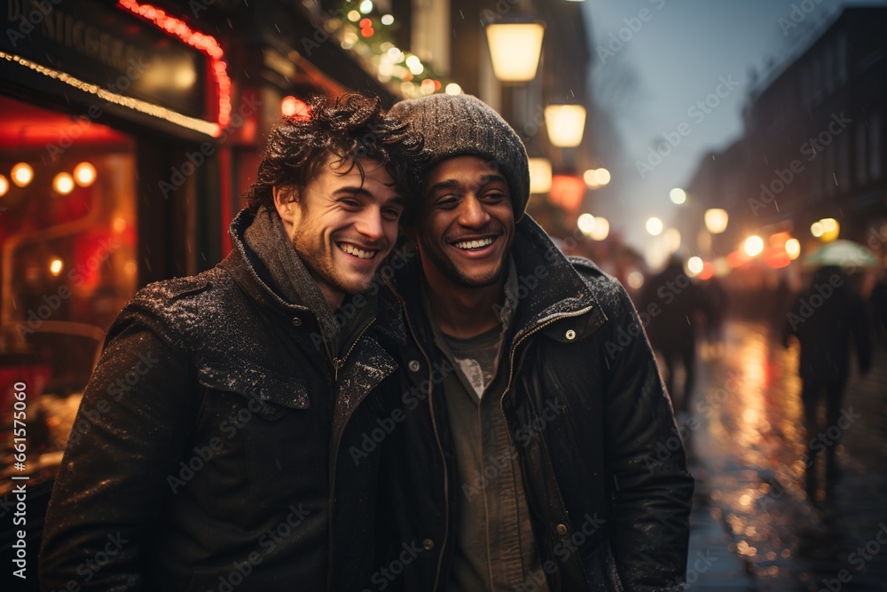 Multiracial couple of men smile in the street at Christmas under the snow