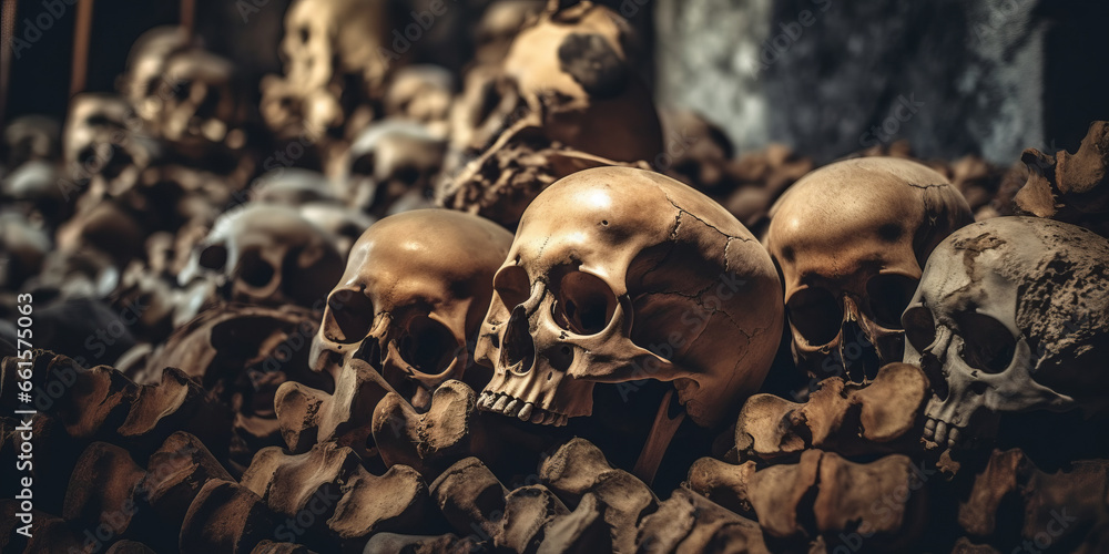 human skulls and bones of people killed in war in crypt burial in cemetery. - obrazy, fototapety, plakaty 
