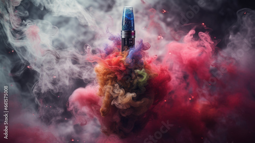 Vape device in front of color smoke photo