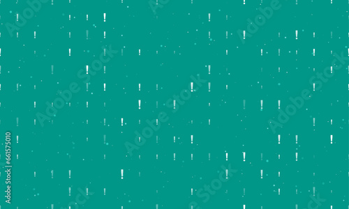 Seamless background pattern of evenly spaced white exclamation symbols of different sizes and opacity. Vector illustration on teal background with stars