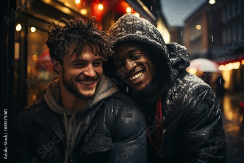 Multiracial couple of men embrace and smile in the street at Christmas under the snow © Javier
