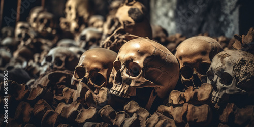 human skulls and bones of people killed in war in crypt burial in cemetery.