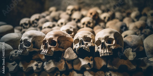 Papier peint human skulls and bones of people killed in war in crypt burial in cemetery