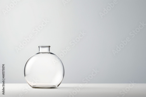 Clear glass vase sitting on white table top with white background.