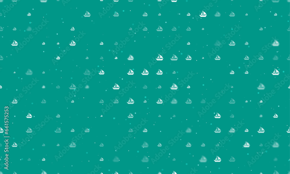 Seamless background pattern of evenly spaced white sailing boat symbols of different sizes and opacity. Vector illustration on teal background with stars
