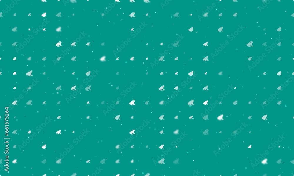 Seamless background pattern of evenly spaced white frog symbols of different sizes and opacity. Vector illustration on teal background with stars Seamless background pattern of evenly spaced white frog symbols of different sizes and opacity. Vector illustration on teal background with stars