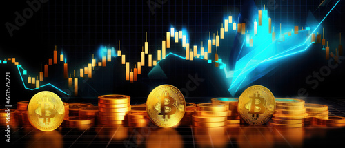 Bitcoin gold coin and defocused chart background. Virtual cryptocurrency concept