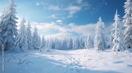 Photo of a winter wonderland with snowy trees and fresh footprints in the snow © mattegg