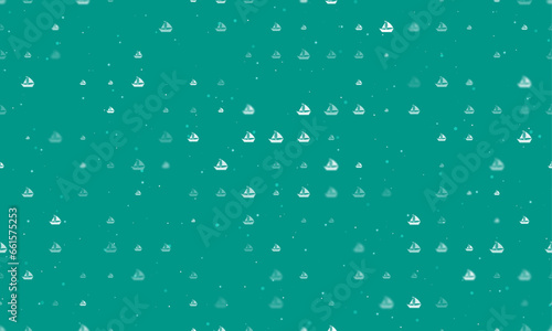 Seamless background pattern of evenly spaced white sailing boat symbols of different sizes and opacity. Vector illustration on teal background with stars