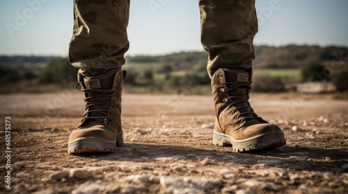 Israel Defense Force reserve duty soldiers with a focus on their sturdy military boots. A symbol of dedication and readiness photo