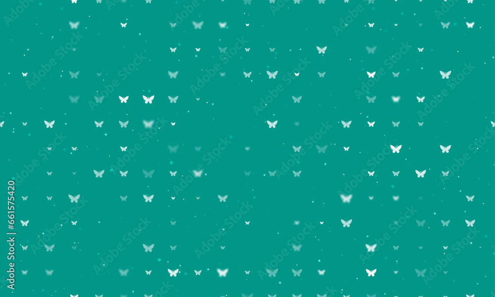 Seamless background pattern of evenly spaced white butterfly symbols of different sizes and opacity. Vector illustration on teal background with stars