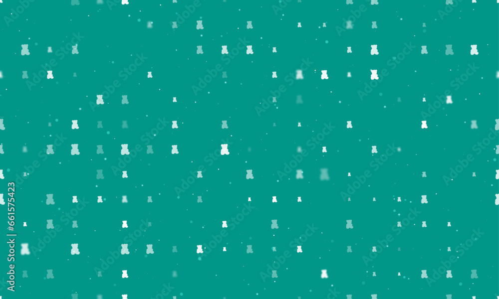 Seamless background pattern of evenly spaced white teddy bear symbols of different sizes and opacity. Vector illustration on teal background with stars Seamless background pattern of evenly spaced white teddy bear symbols of different sizes and opacity. Vector illustration on teal background with stars
