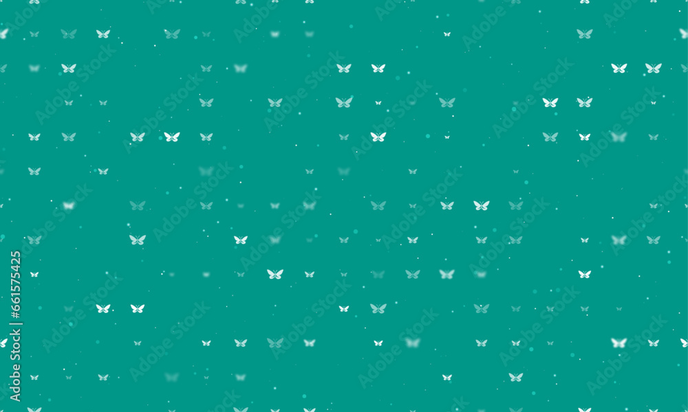 Seamless background pattern of evenly spaced white butterfly symbols of different sizes and opacity. Vector illustration on teal background with stars