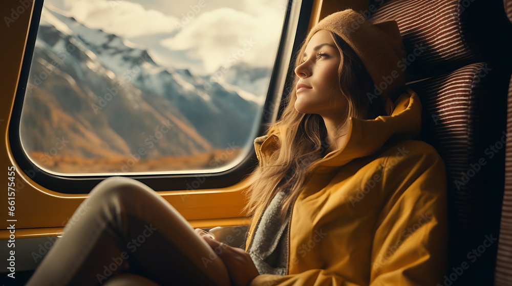 Cinematic and symmetrical beautiful shot of female traveler, travel blogger and inspired adventurer hang out of train window, look at amazing landscape of autumn mountains  - obrazy, fototapety, plakaty 