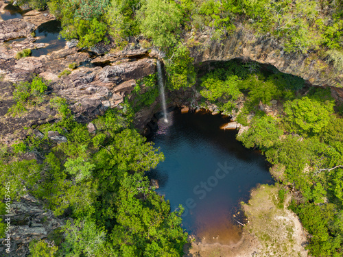 Aerial view of the scenic waterfall Chorro San Luis embedded in a thick  tropical forest near Robor   in the lowlands of Bolivia - Traveling and exploring South America