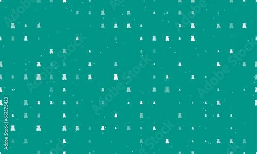 Seamless background pattern of evenly spaced white teddy bear symbols of different sizes and opacity. Vector illustration on teal background with stars