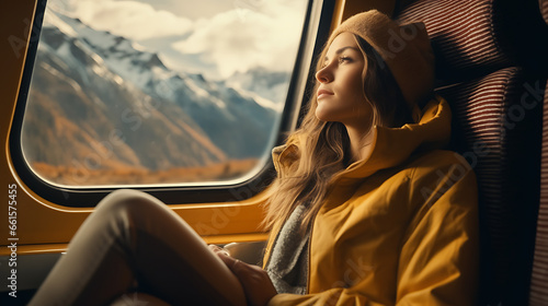 Cinematic and symmetrical beautiful shot of female traveler, travel blogger and inspired adventurer hang out of train window, look at amazing landscape of autumn mountains 