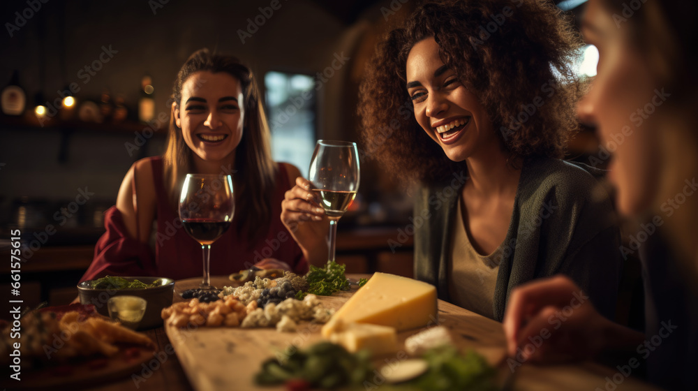 Group of friends tastes an assortment of cheeses with wine at a restaurant