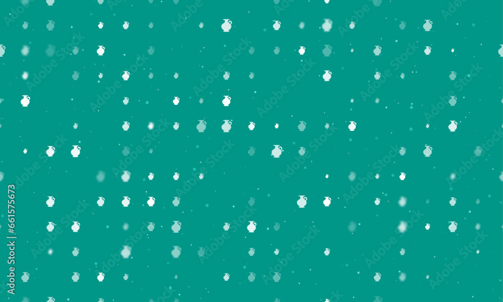 Seamless background pattern of evenly spaced white antique vase symbols of different sizes and opacity. Vector illustration on teal background with stars