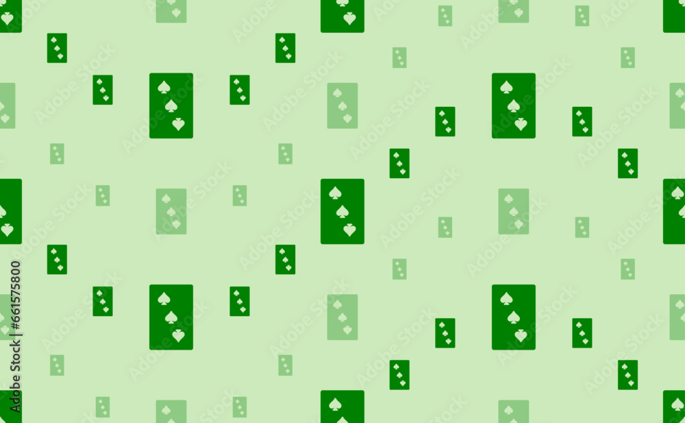 Seamless pattern of large and small green Three of Spades playing cards. The elements are arranged in a wavy. Vector illustration on light green background Seamless pattern of large and small green Three of Spades playing cards. The elements are arranged in a wavy. Vector illustration on light green background