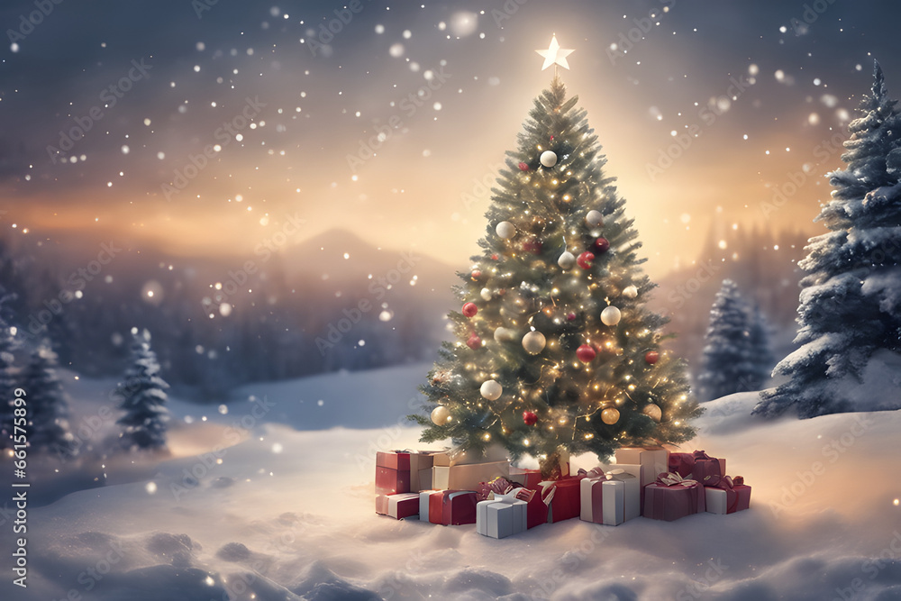 Weihnachten mit Geschenken und Weihnachtsbaum mit Kugeln . KI Generated