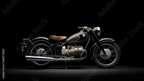 Timeless elegance  A black classic motorcycle stands out against a black backdrop  celebrating vintage style