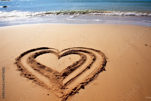 a romantic symbol drawn on the sandy beach to celebrate the love-filled Valentine s Day. Generative AI