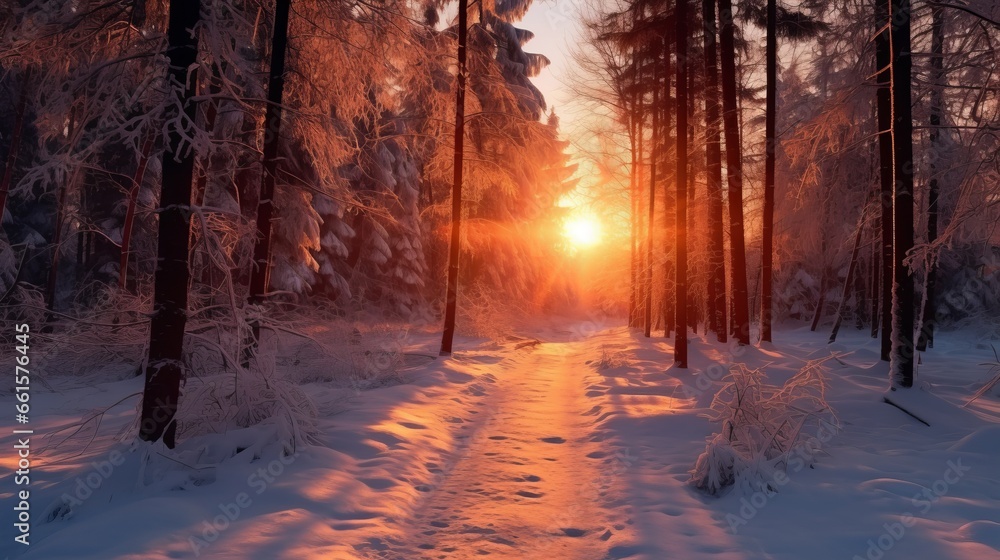 Photo of a breathtaking sunset in a winter wonderland forest Photo of a breathtaking sunset in a winter wonderland forest