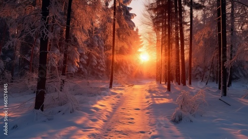 Photo of a breathtaking sunset in a winter wonderland forest