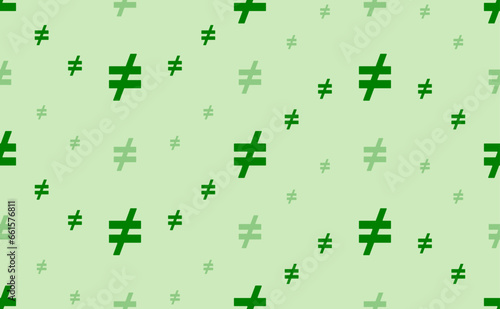 Seamless pattern of large and small green not equal symbols. The elements are arranged in a wavy. Vector illustration on light green background