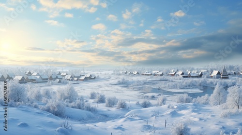 Photo of a winter wonderland with houses nestled among snowy trees