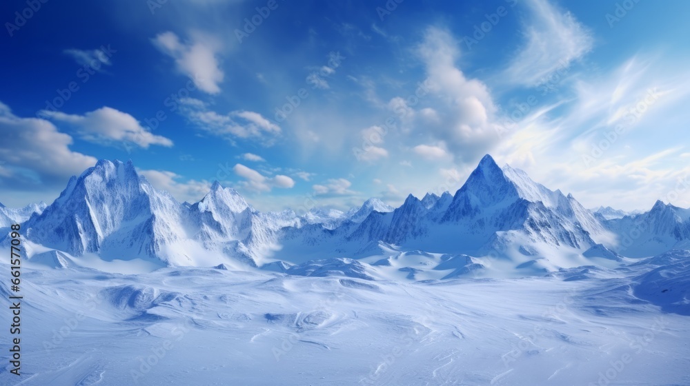 Photo of a majestic snow-covered mountain range under a clear blue sky