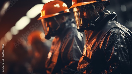Steel industry workers in protective gear photo