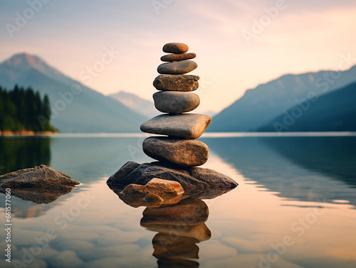 Cairn stack of stones on a calm sea in the nature on sunset meditative art concept of balance and harmony.