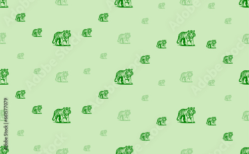 Seamless pattern of large and small green tiger symbols. The elements are arranged in a wavy. Vector illustration on light green background