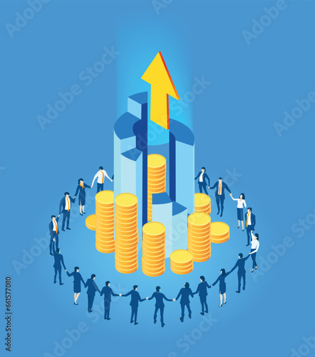Business people working around golden coins, finance, banking, investment strategy concept. Isometric environment. Business management, savings, advising, stock market games idea