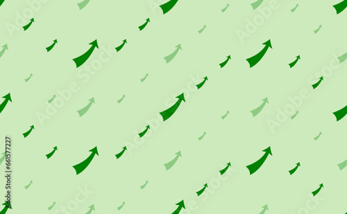 Seamless pattern of large and small green up arrows. The elements are arranged in a wavy. Vector illustration on light green background