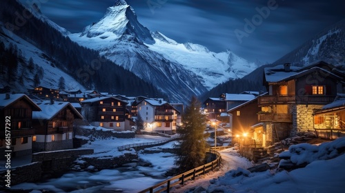 Mountain village magic. A serene night view of a cozy village nestled amidst the breathtaking mountains. © pvl0707