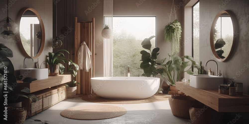 Boho style interior of bathroom with large window in a house.