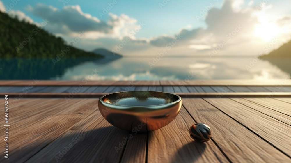 Singing bowl placed on wooden pier.Generative AI - obrazy, fototapety, plakaty 