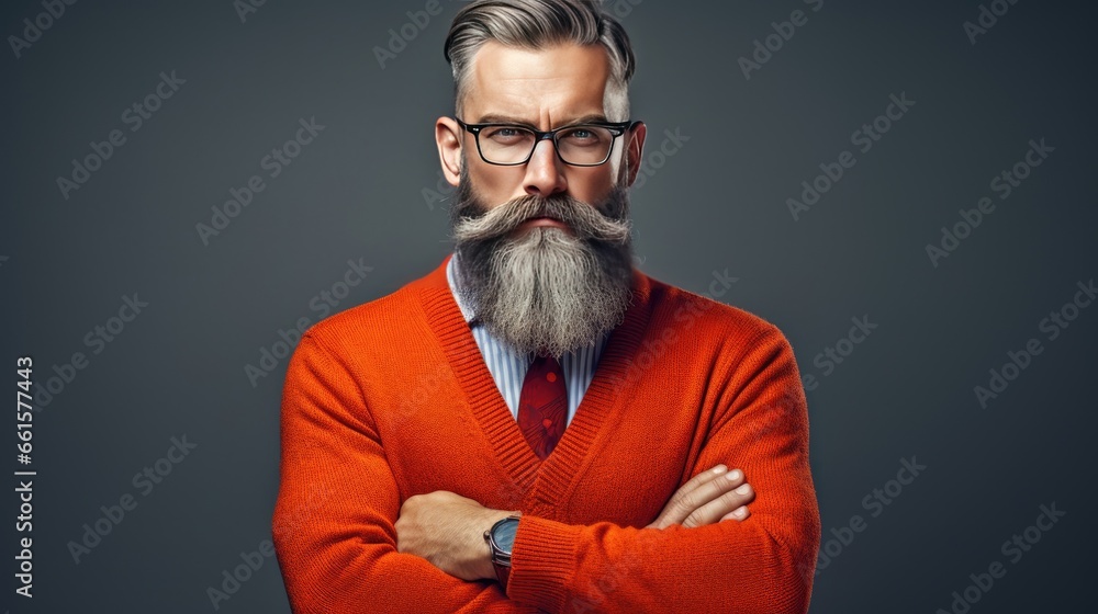 Obraz premium A brutal gray-haired middle-aged man with a fine haircut, beard and mustache. Stylish barbershop guy. Illustration for cover, card, postcard, interior design, banner, poster, brochure or presentation.