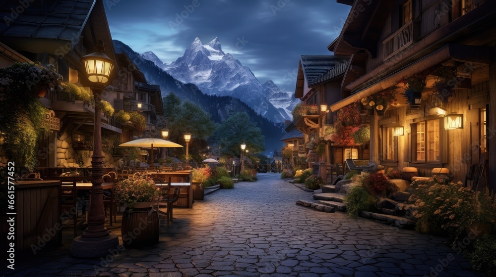 Mountain village magic. A serene night view of a cozy village nestled amidst the breathtaking mountains.