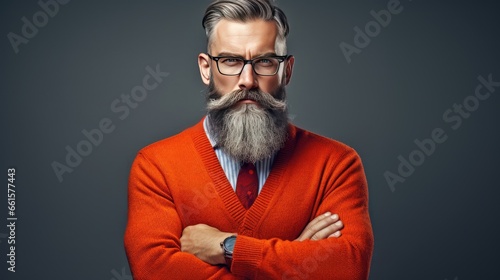 A brutal gray-haired middle-aged man with a fine haircut, beard and mustache. Stylish barbershop guy. Illustration for cover, card, postcard, interior design, banner, poster, brochure or presentation.