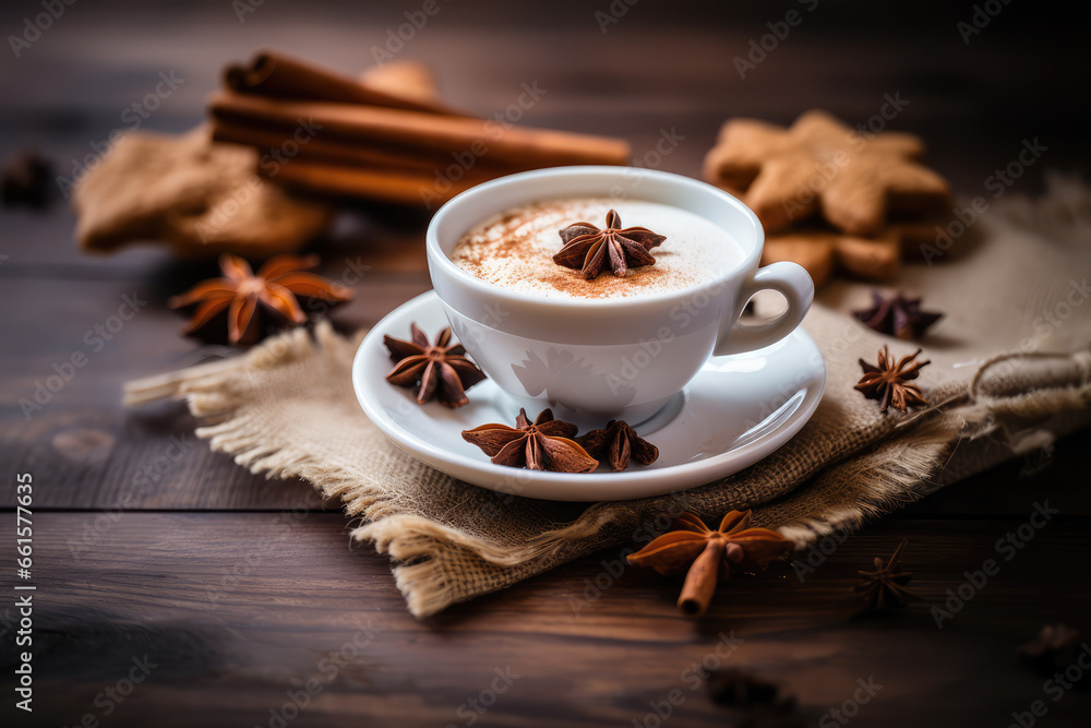 White cup of coffee on a plate on a piece of linen with cinnamon on wooden dark background. White cup of coffee on a plate on a piece of linen with cinnamon on wooden dark background.