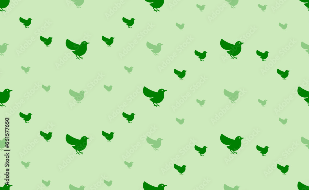 Seamless pattern of large and small green bird symbols. The elements are arranged in a wavy. Vector illustration on light green background Seamless pattern of large and small green bird symbols. The elements are arranged in a wavy. Vector illustration on light green background