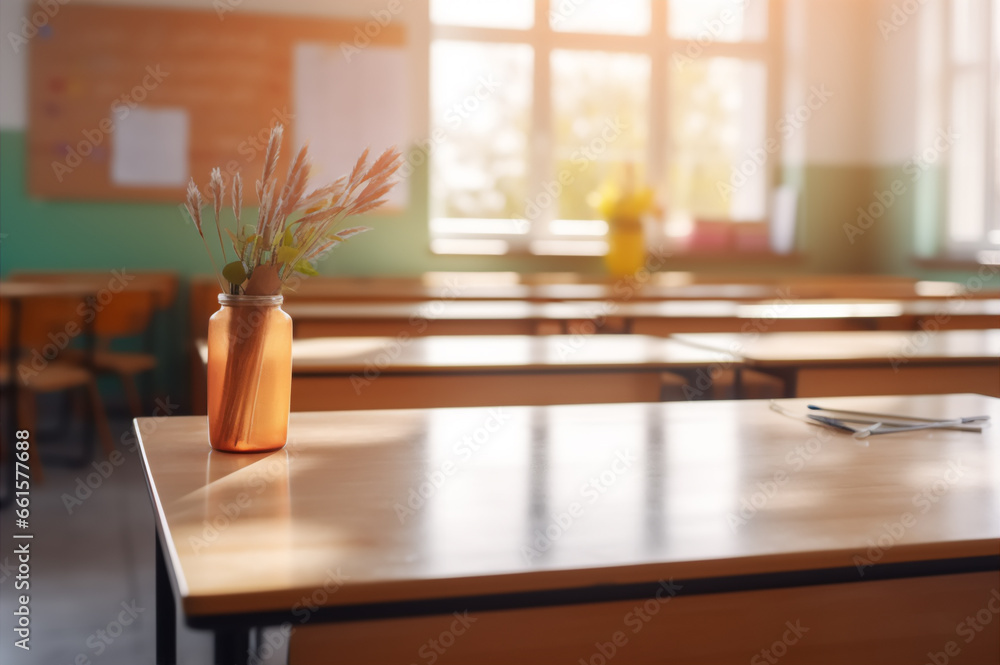 An empty classroom at school during a break or distance learning during the day. An empty classroom at school during a break or distance learning during the day.