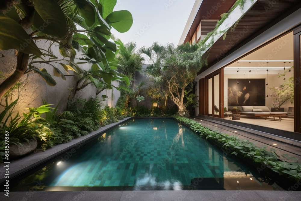 An alluring residence featuring a stunning pool environment. Generative AI