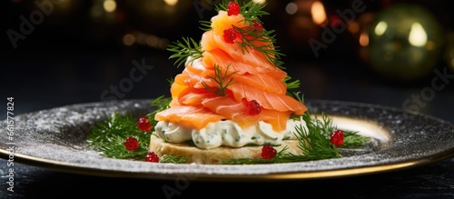 Festive Xmas snack canape with salmon cream cheese dill horseradish pate and red caviar With copyspace for text