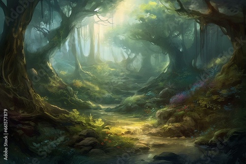 Illustrated painting of a mystical woodland landscape. Generative AI