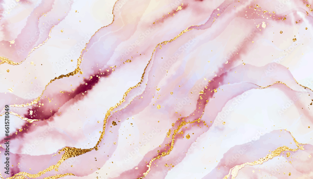Abstract marble painting background texture design with gold waves and glitter splatter.